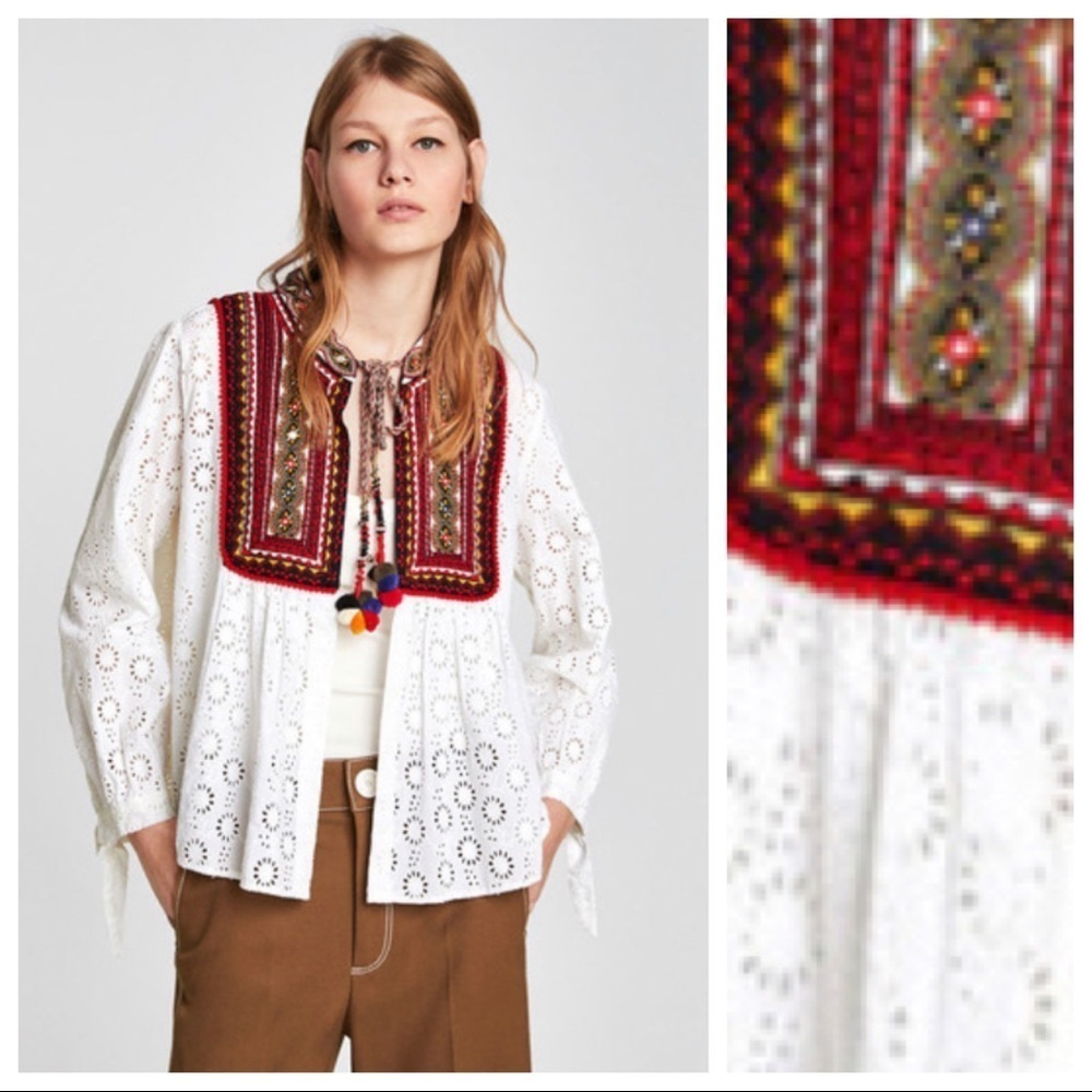 Zara White Eyelet Blouse with Red Embroidered Yoke